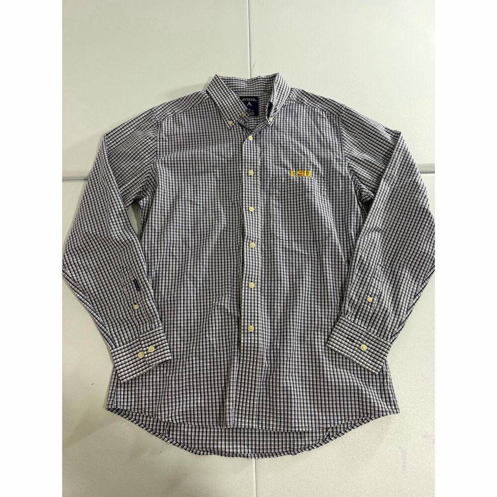 LSU Tigers Antigua Button Down Shirt Mens Medium Purple White Plaid Long Sleeve